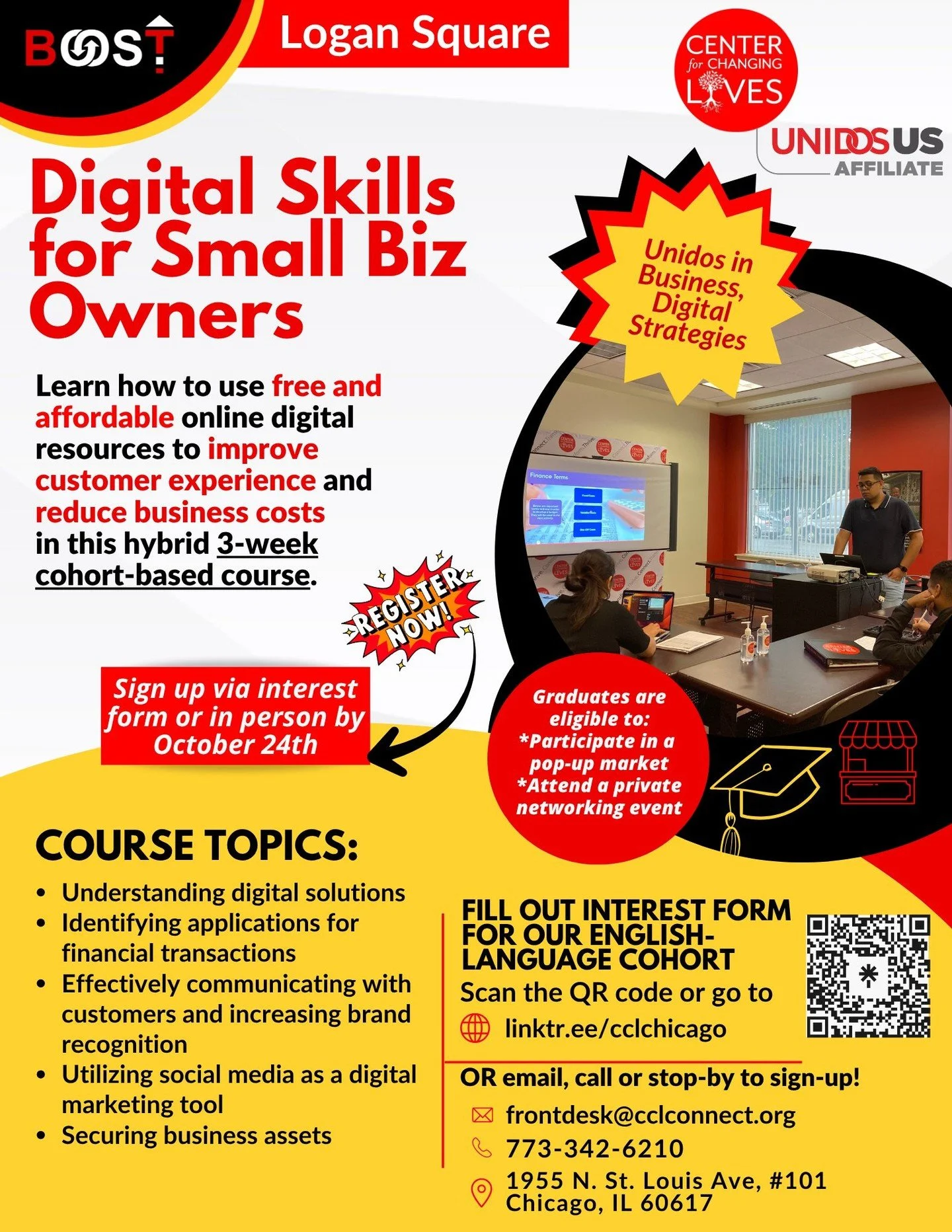⏳ Only 1 week left to register!
Join our final Digital Skills for Small Business cohort of 2025 💼✨
Learn digital tools, apps & social media to grow your biz — FREE 3-week course!
Deadline: Oct 24 → linktr.ee/cclchicago 💡💛
#CCLComm