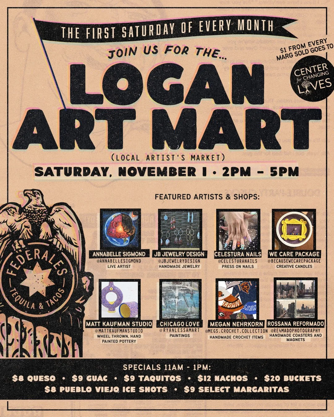 👀 Looking for ways to build and support community? Make some plans to get together with friends and support CCL! 🎉 
At @federaleschicago Logan Art Mart, $1 from every margarita sold will be donated to support our mission at Center for Changing Live
