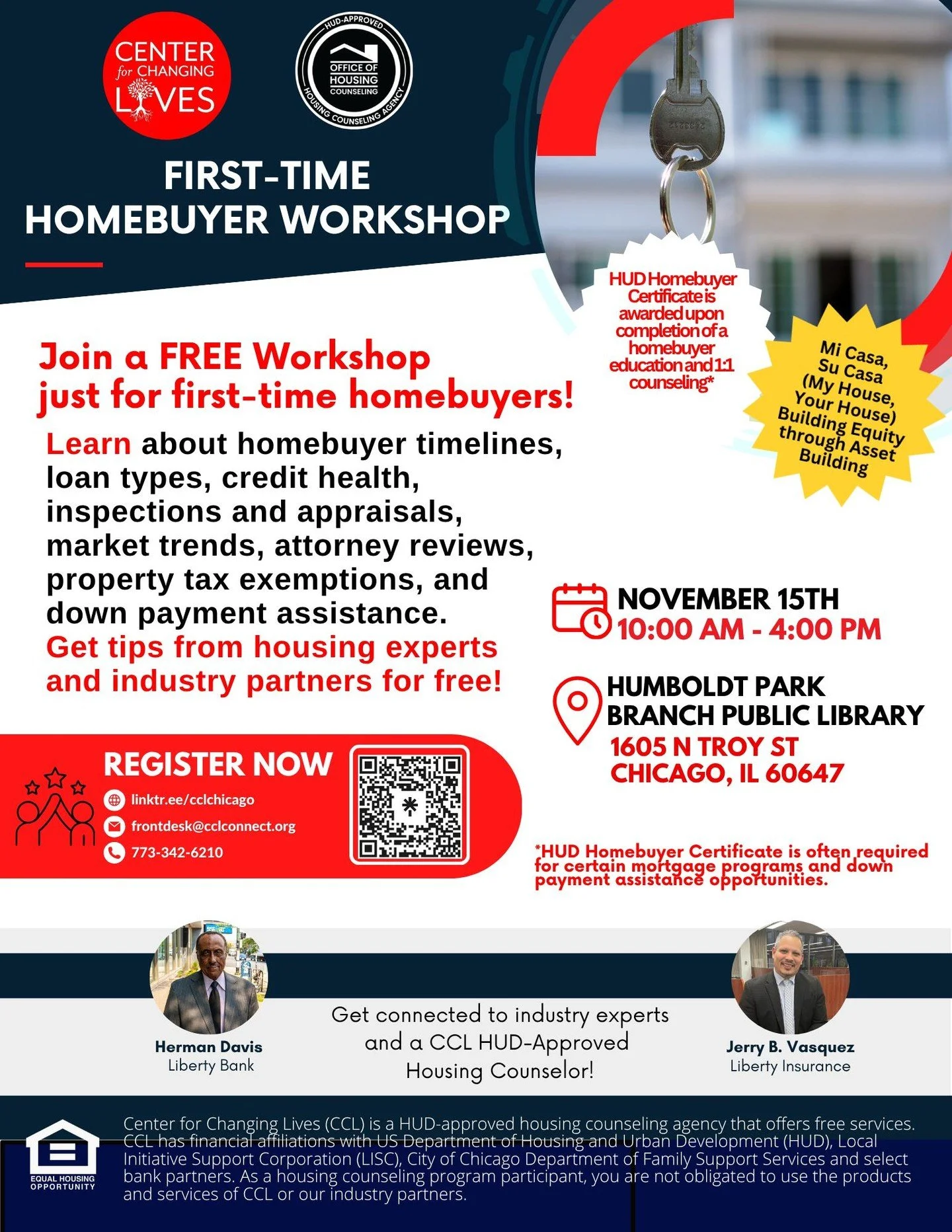 🏡 Ready to become a homeowner in Chicago? Our HUD-approved housing counselors are here to guide you every step of the way! 🏠
👉🏾 Join us for CCL's First-Time Homebuyer Class—in person on Saturday, November 15th at the Humboldt Park Branch Li