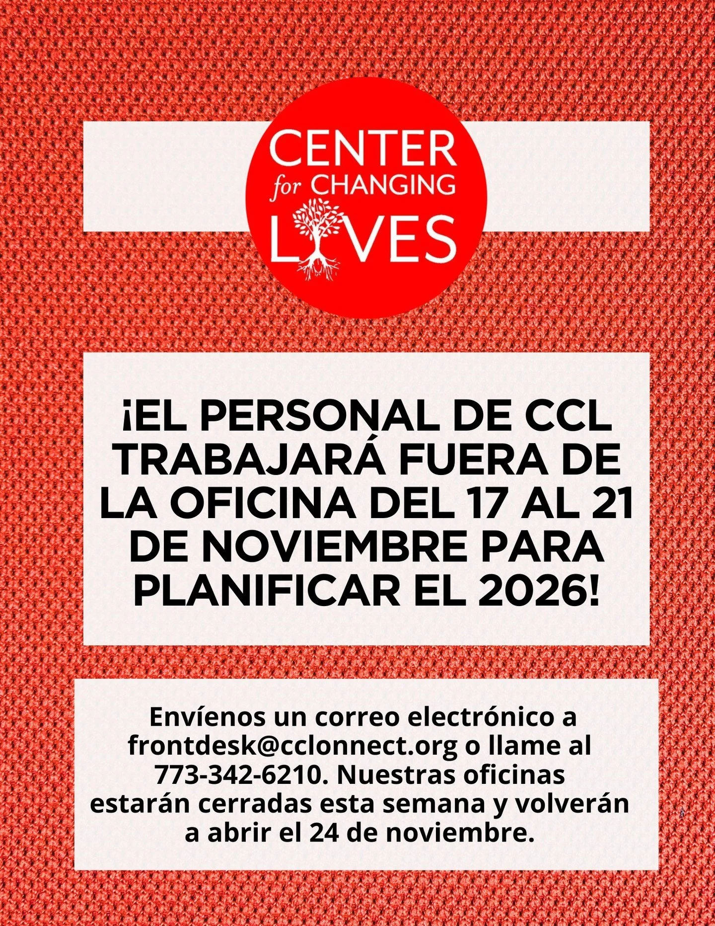 📣 Oficinas de CCL cerradas por la Semana de Planificaci&oacute;n 🗓️

Nuestras oficinas en Logan Square y South Chicago estar&aacute;n cerradas del lunes 17 al viernes 21 de noviembre mientras nuestro equipo trabaja fuera del sitio para planificar e