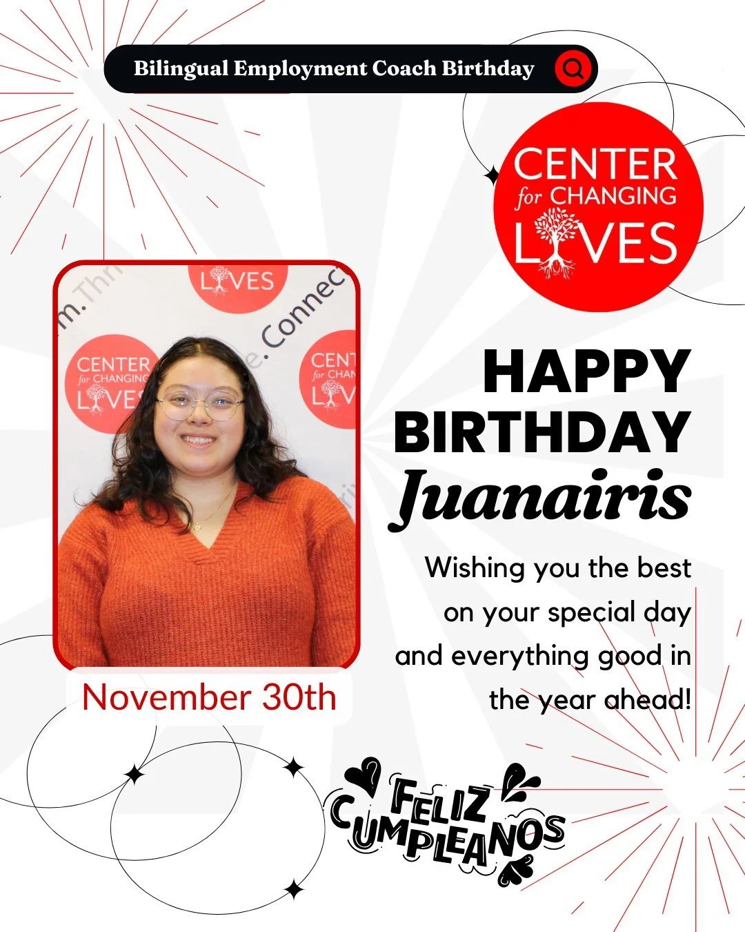 🎉 Feliz cumplea&ntilde;os a Juanairis, nuestra incre&iacute;ble Bilingual Employment Coach! 🎉

Juanairis, we admire your passion and commitment to creating safe bilingual spaces for our members to explore their career goals. &iexcl;Gracias por apoy