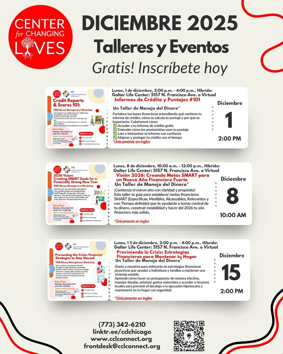 ☀️🔥 &iexcl;Diciembre est&aacute; lleno de oportunidades en CCL! 🔥☀️
Tenemos un mes de talleres para ayudarte a conectar, transformar y prosperar. &iexcl;Revisa nuestro calendario de diciembre y reg&iacute;strate en uno&mdash;o en todos! 💪🎉
💳 1 d