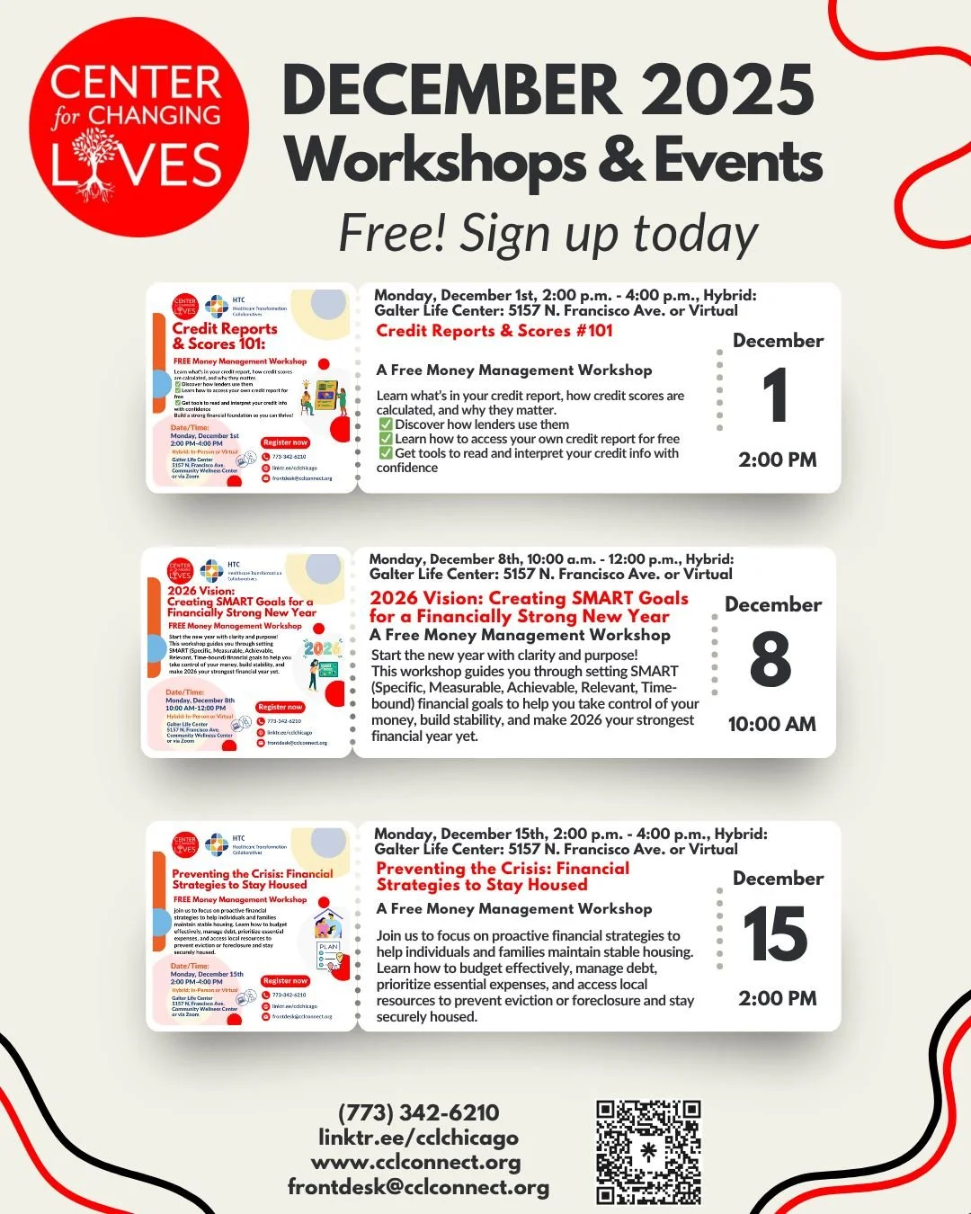 ☀️🔥 December is full of opportunities at CCL! 🔥☀️
We&rsquo;ve got a month of workshops to help you connect, transform, and thrive. Check out our December calendar and sign up for one&mdash;or all! 💪🎉

💳 Dec 1 &mdash; Credit Reports &amp; Scores 