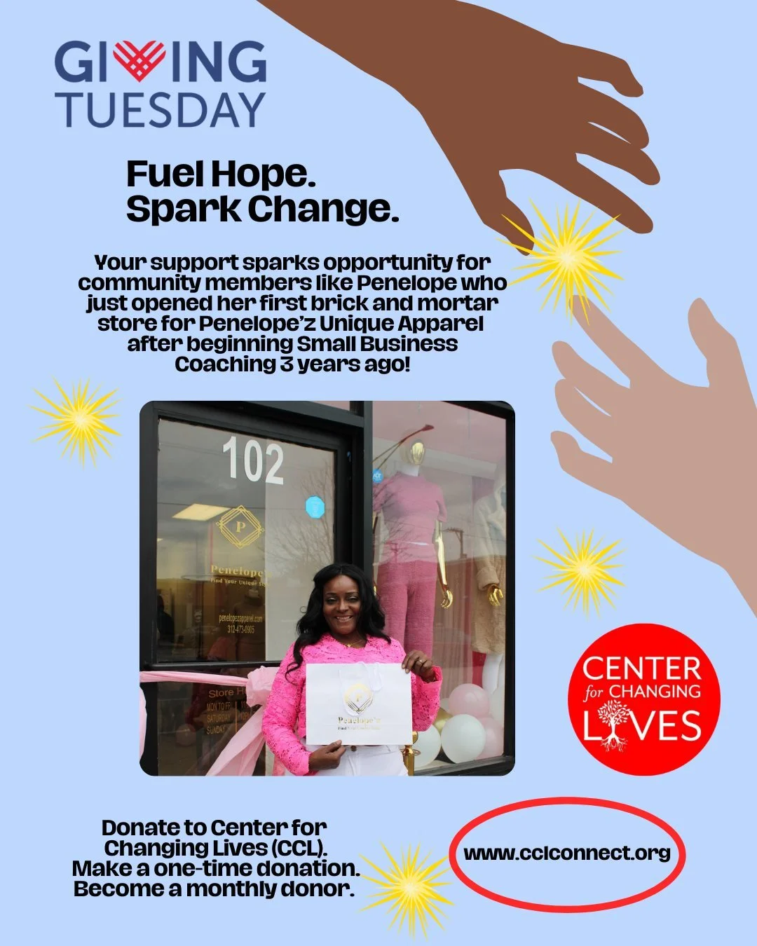 🌟 It&rsquo;s Giving Tuesday! 🌟
When you give to Center for Changing Lives, you support neighbors like Penelope, who began Small Business Coaching with CCL three years ago and just celebrated the opening of her brick and mortar shop, Penelope&rsquo;