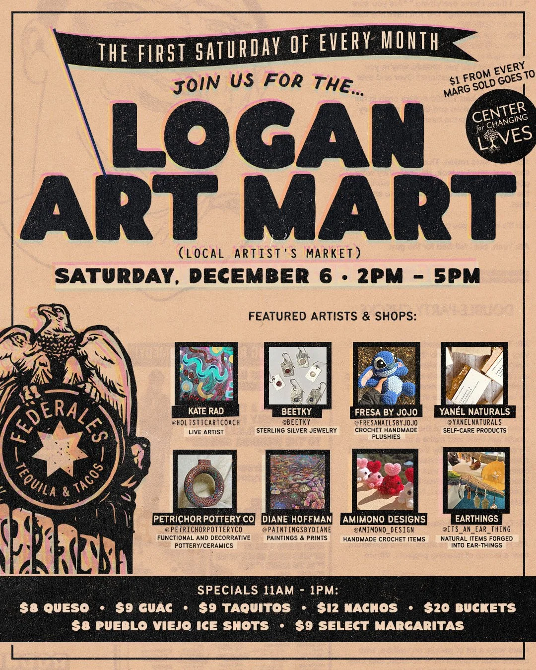 👀 Tis the season to shop local! Support our community while enjoying a festive treat!
At @federaleschicago Logan Art Mart, $1 from every margarita sold will go directly to Center for Changing Lives 🌟

Join us tomorrow, Saturday, Dec 6, from 2&ndash