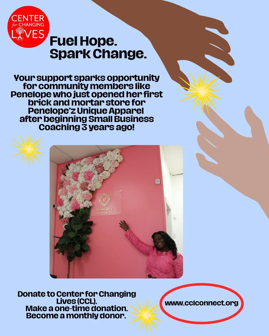 🌟 It&rsquo;s the Giving Season! 🌟
When you give to Center for Changing Lives, you support neighbors like Penelope, who began Small Business Coaching with CCL three years ago and just celebrated the opening of her brick and mortar shop, Penelope&rsq