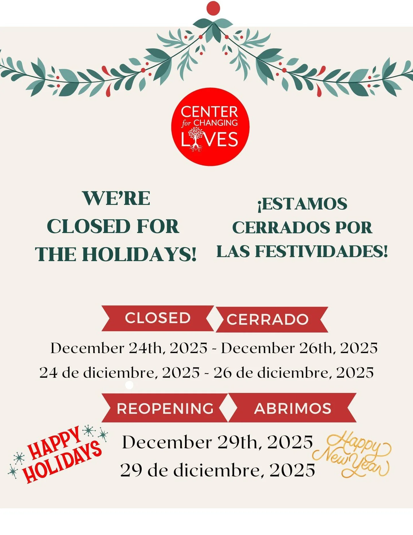 🎄 Holiday Hours 🎄
Our Logan Square and South Chicago offices will be closed December 24&ndash;26 for the holidays and will reopen on December 29.
Wishing everyone a safe, joyful, and thriving holiday season! ✨💛
#CCLFamily #HappyHolidays #Community