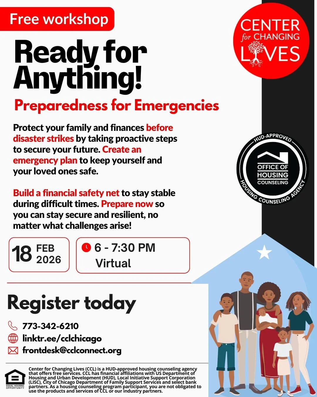 Are you a homeowner? Do you feel unprepared for emergencies? 🌟
Join CCL and learn how to protect your home and finances before disaster strikes. 🏠 We&rsquo;ll guide you through creating an emergency plan to keep your family safe and building a fina
