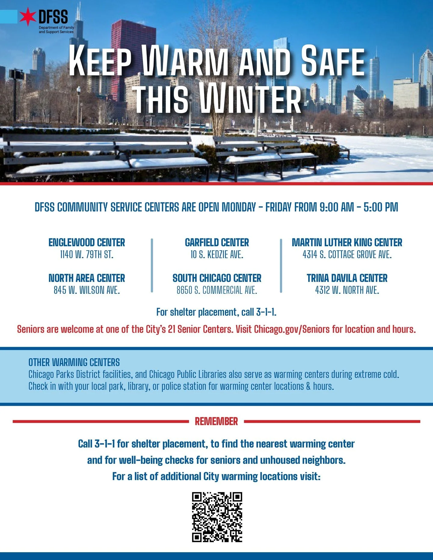 ❄️ Extreme cold is expected in Chicago tonight through Saturday. Please stay safe and help spread the word.
There are 6 DFSS shelters open across the city, Monday to Friday from 9:00 AM to 5:00 PM listed in the flyer of this post.

Anyone can call 31