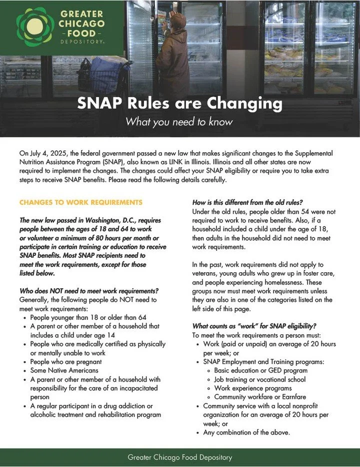 📣 Important SNAP Updates Effective February 1, 2026 📣

Thanks to our friends at the Greater Chicago Food @fooddepository for outlining key changes that may affect SNAP benefits in Illinois. If you receive SNAP and are between ages 18&ndash;64 witho