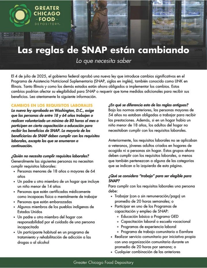 📣 Actualizaciones importantes de SNAP vigentes desde el 1 de febrero de 2026 📣

Gracias a nuestros amigos del Greater Chicago @fooddepository por compartir los cambios clave que pueden afectar los beneficios de SNAP en Illinois. Si recibes SNAP y t