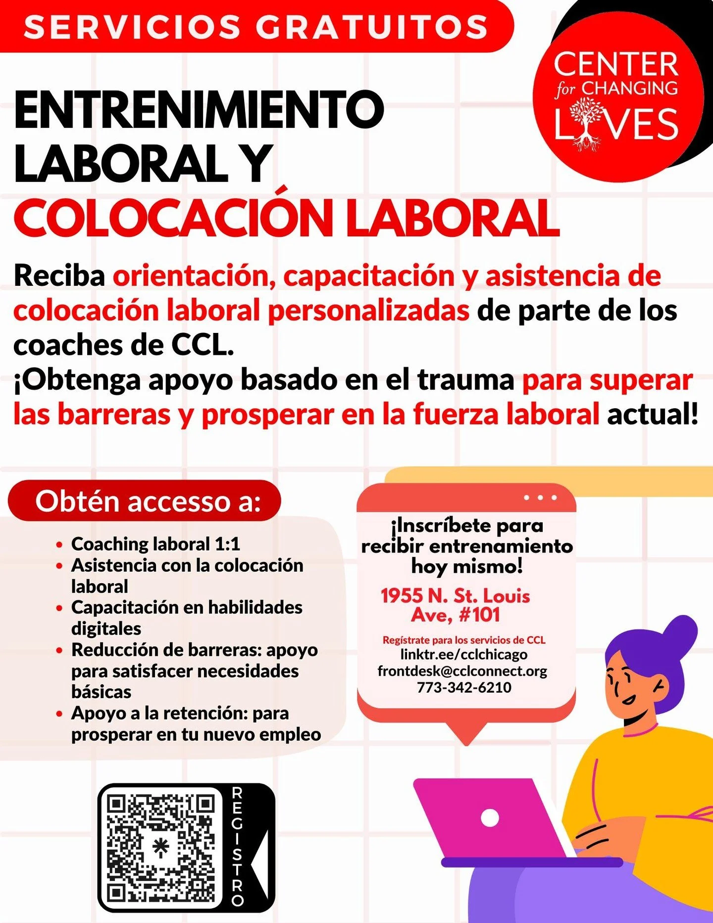 🌟 &iquest;Buscas tu pr&oacute;xima oportunidad laboral? &iexcl;CCL est&aacute; aqu&iacute; para ayudarte!

En Center for Changing Lives, nuestros dedicados coaches de empleo ofrecen apoyo personalizado para ayudarte a prepararte, postularte y tener 