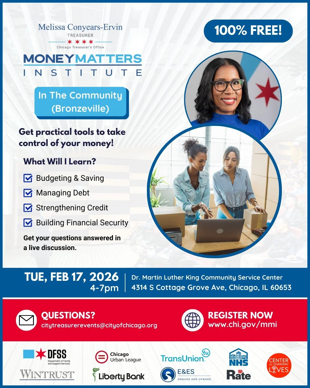 Money Matters Institute In the Community is coming to Bronzeville!

Center for Changing Lives is excited to partner with the @chicagotreasurer to bring a Budgeting and Saving Workshop to the Dr. Martin Luther King Jr Community Service Center on Tuesd