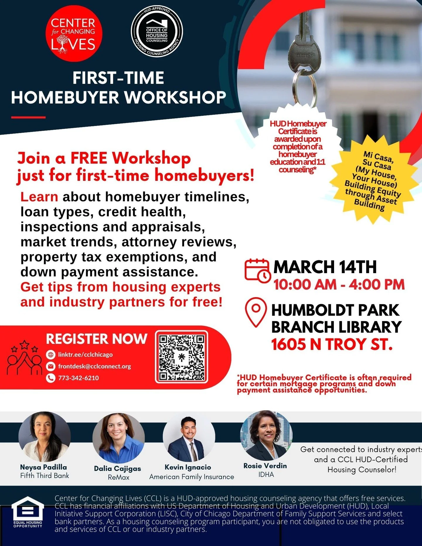 🏡 Have home ownership as a 2026 goal?

Our HUD-certified housing counselors are here to guide you every step of the way! 🏠

👉🏾 Join us Saturday, March 14th for CCL's First-Time Homebuyer Class
📍 Humboldt Park Branch Library (1605 N Troy) | 10 AM