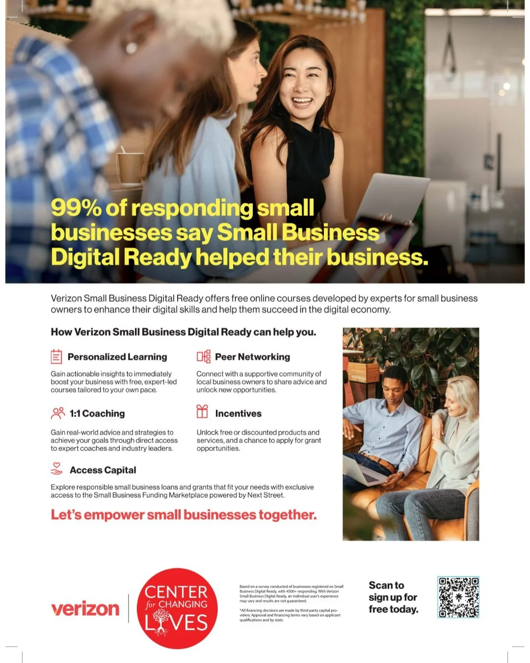 🚀 Take your business digital and grow with confidence!

Sign up for @verizon Small Business Digital Ready platform and get 1:1 support from a CCL Small Business Coach to make the most of it.

💻 With the Digital Ready platform, you can:
&bull; Learn
