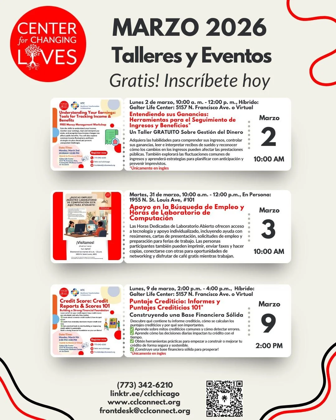 📈🚀 &iexcl;Marzo es el mes de la motivaci&oacute;n en CCL! 🚀📈
Entramos a una nueva temporada con nuevas metas y nuevas oportunidades para conectar, transformar y prosperar. &iexcl;Revisa nuestro calendario de marzo e inscr&iacute;bete en uno&helli