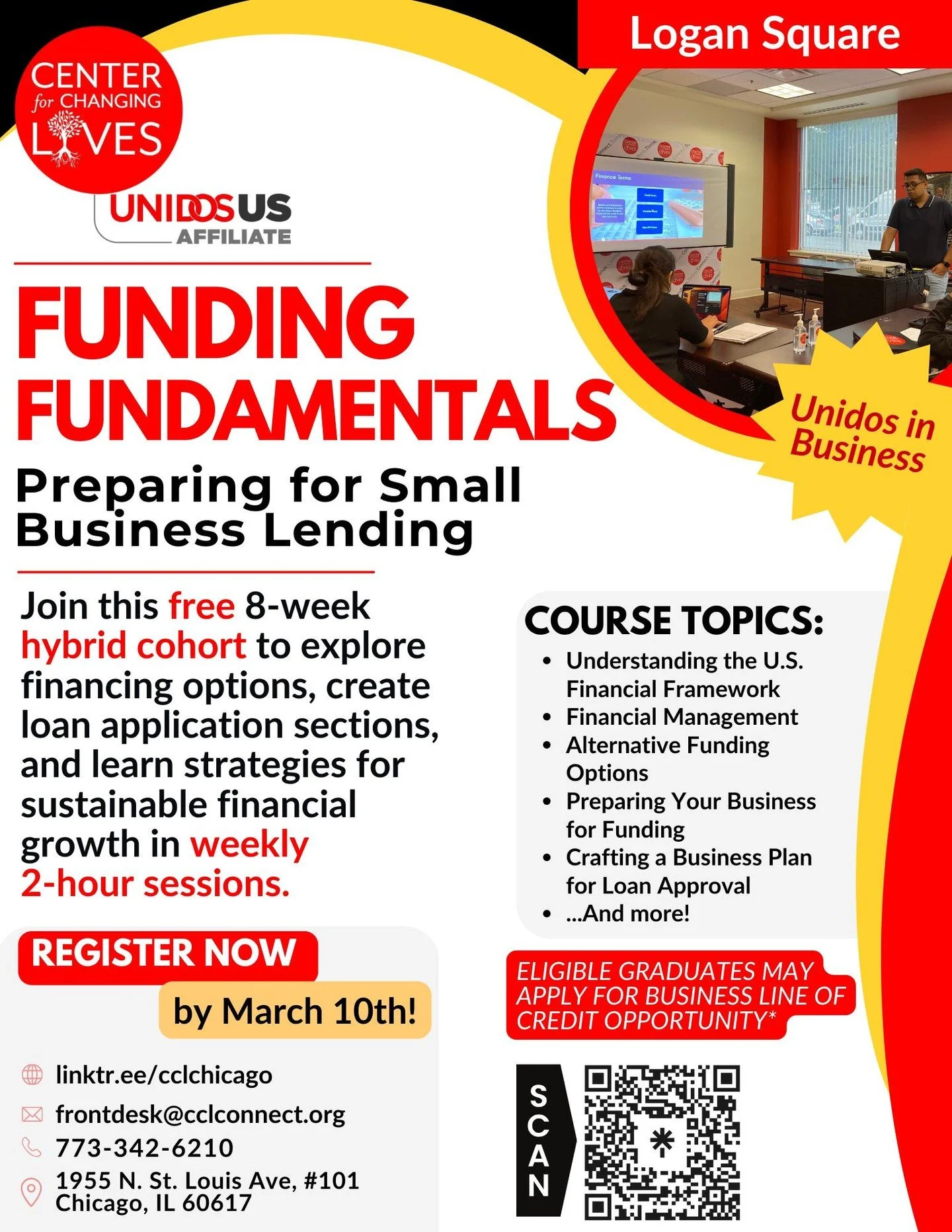 Sign up by March 10 and get your business funding-ready! 💼✨

Our Funding Fundamentals Cohort is designed to prepare you for small business lending and long-term financial growth.

Join this FREE 8-week hybrid cohort featuring weekly 2-hour sessions 