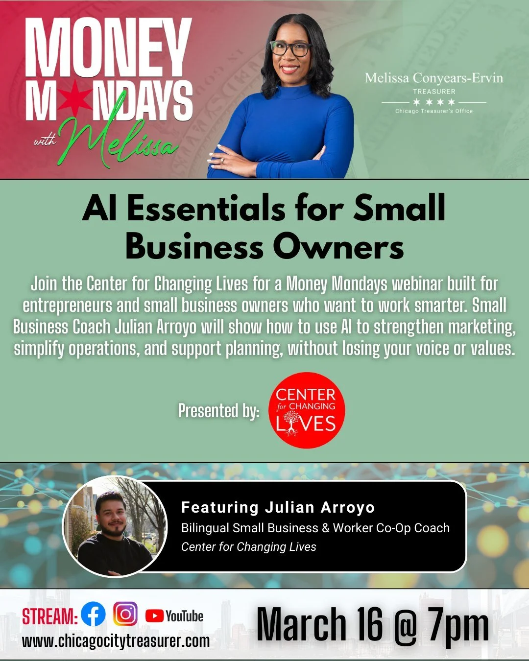 💡 Money Mondays: AI Essentials for Small Business Owners

We&rsquo;re excited to partner with our @chicagotreasurer to bring you this special Money Mondays webinar! Curious about AI but not sure how to use it safely or effectively?

Join Small Busin
