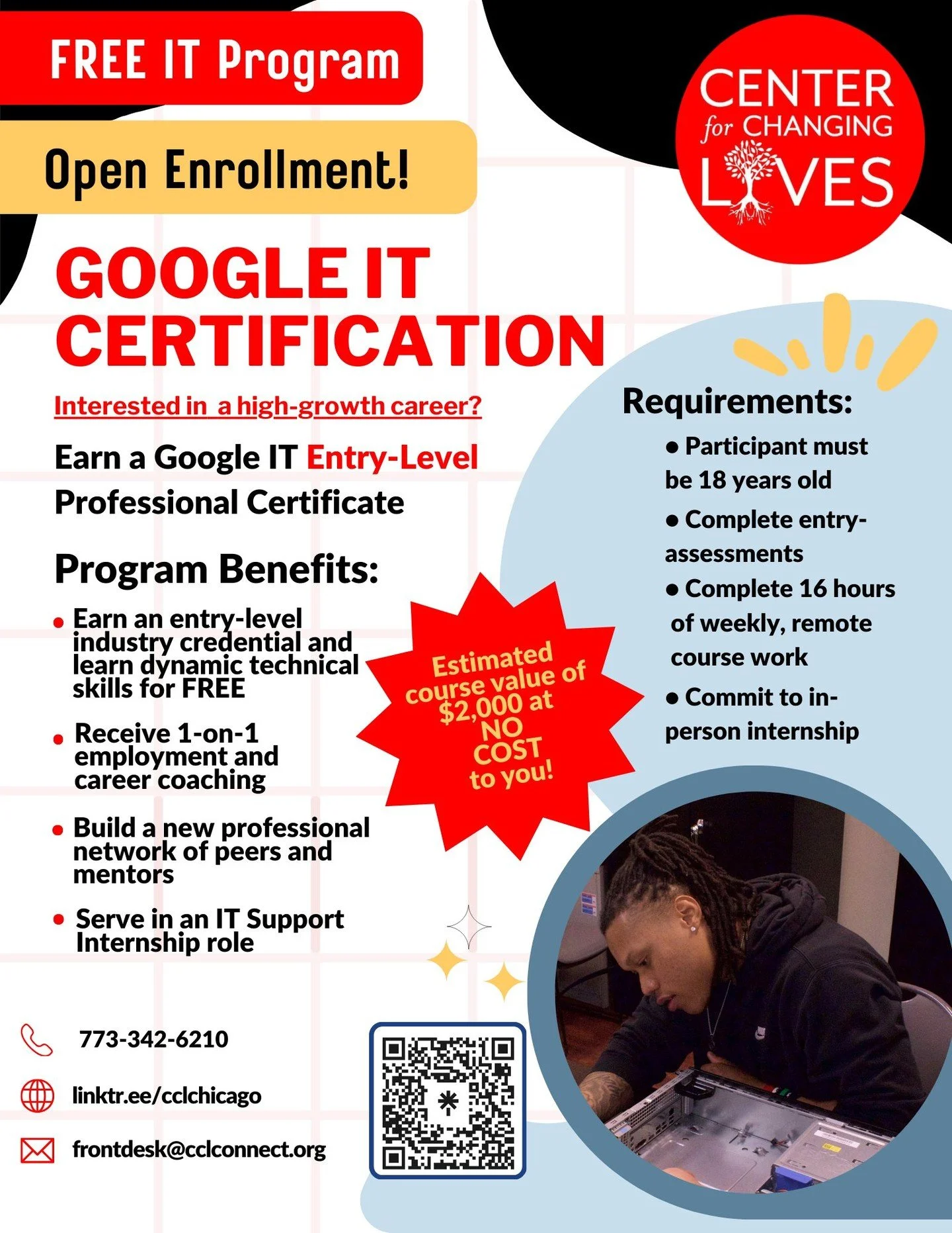 Interested in a high-growth tech career but don&rsquo;t know where to start?
CCL&rsquo;s FREE Google IT Certification program helps you build real, job-ready skills, earn an industry credential, and gain hands-on experience through an IT internship, 
