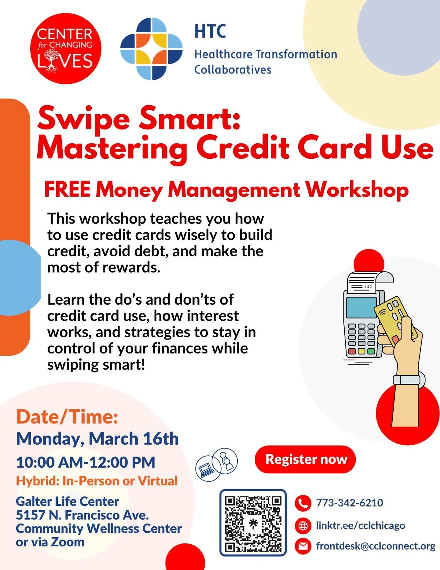 💳 Swipe Smart: Mastering Credit Card Use 💳
Take control of your credit cards and make them work for you, not against you! In this HYBRID workshop, you'll learn:
✅ How credit cards work
✅ Pros and cons of using them
✅ How to avoid common pitfalls
✅ 