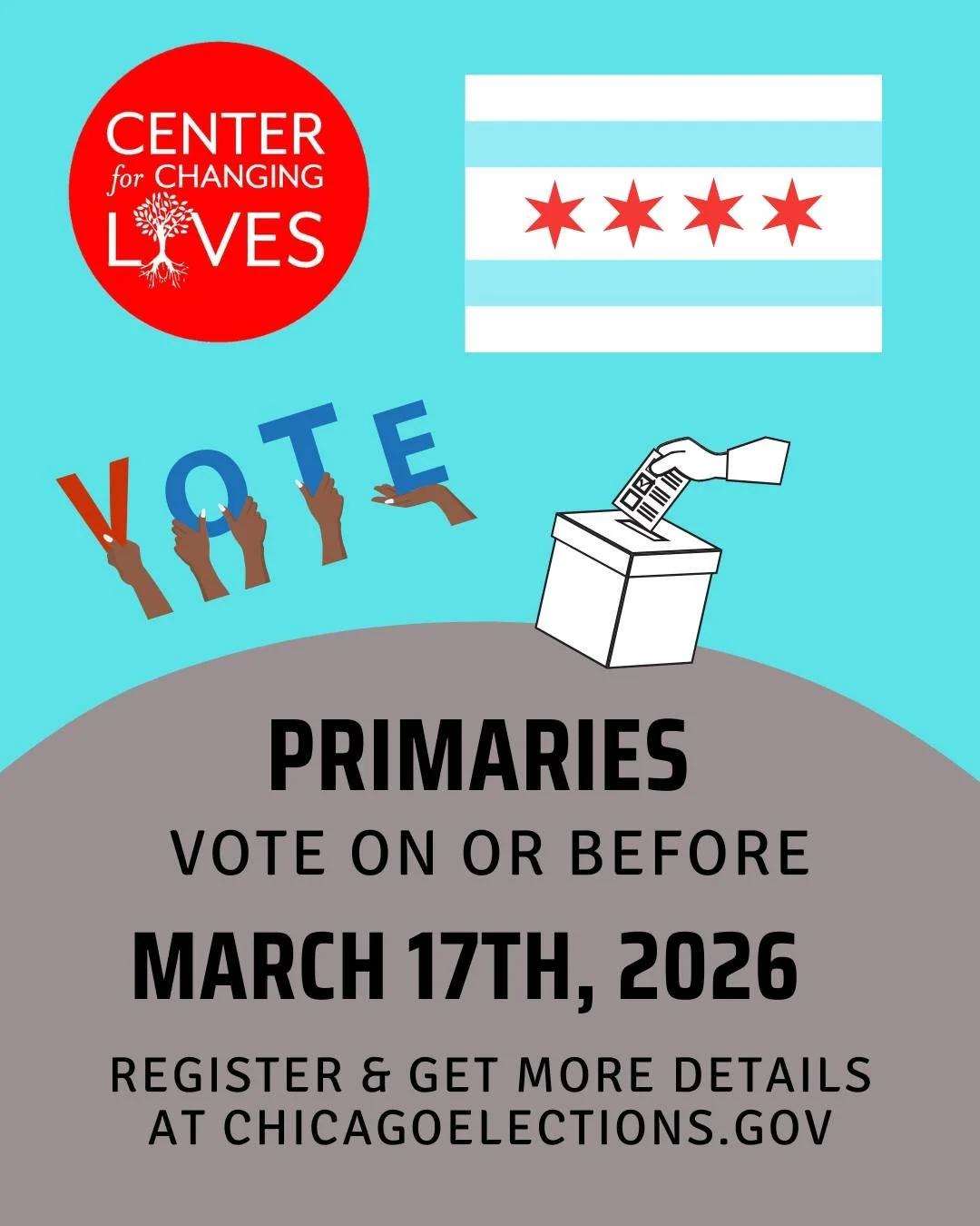 🗳️ VOTE | Chicago Primaries &ndash; March 17, 2026

Happening this week!

At CCL, we believe everyone deserves the opportunity to thrive. We are committed to advancing equity and encourage our community to make your voice heard.

The next election i