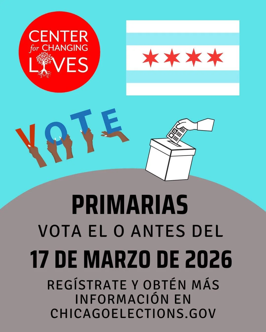 🗳️ VOTA | Primarias de Chicago &ndash; 17 de marzo de 2026

&iexcl;Sucedendo esta semana!

En CCL creemos que todos merecen la oportunidad de prosperar. Estamos comprometidos con avanzar la equidad y animamos a nuestra comunidad a hacer escuchar su 