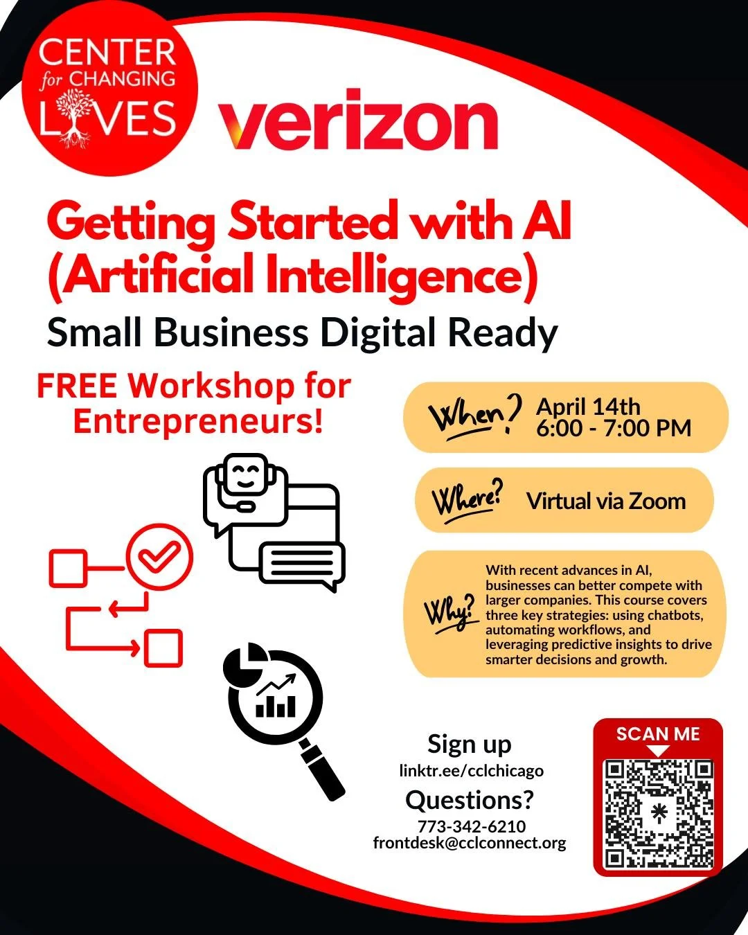 Curious about how AI can support you as an entrepreneur? 
Join us for our next Small Business Digital Ready Workshop: Getting Started with AI 🖥️
You'll also learn about @verizon FREE Small Business Digital Ready platform 💻📈
🌟With the latest advan