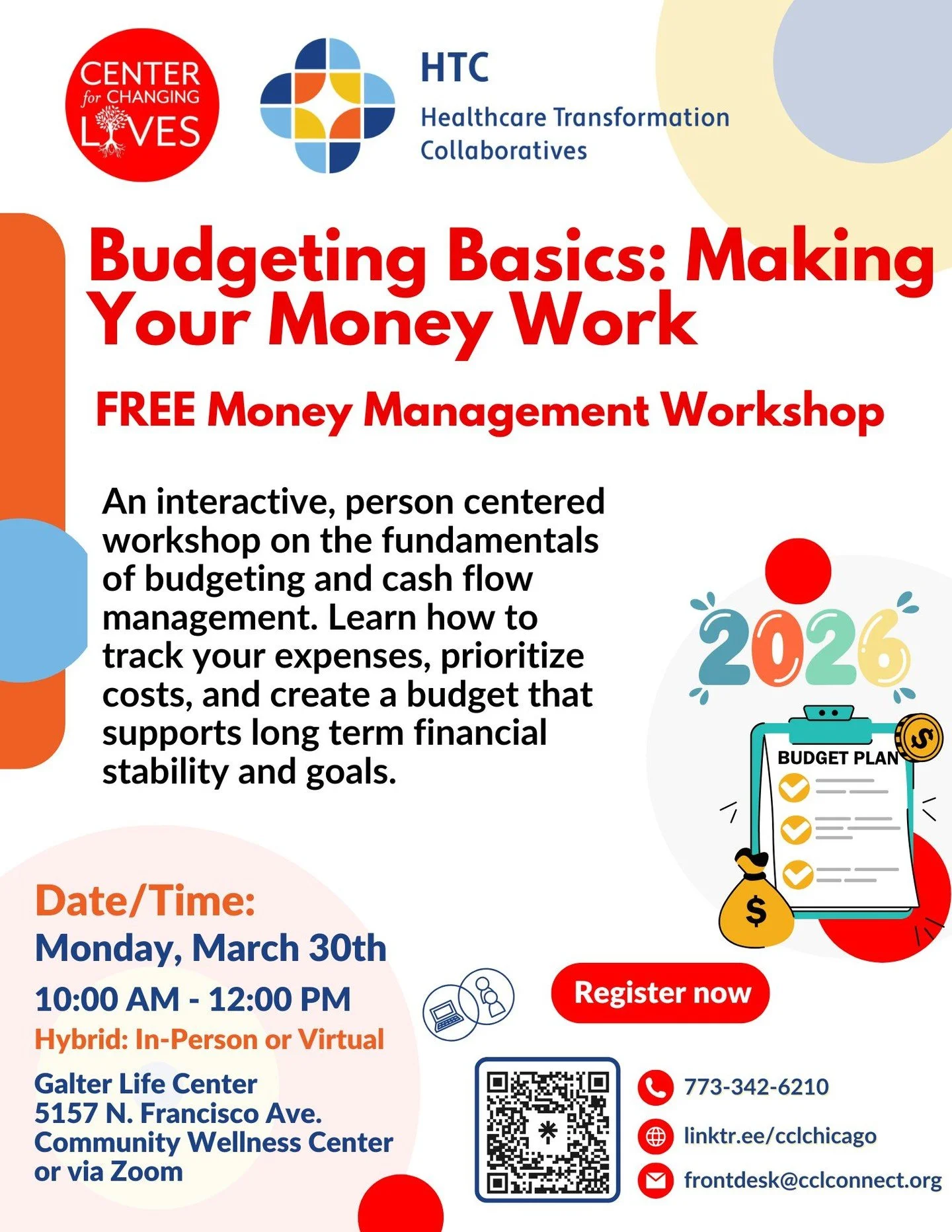 💵 Budgeting Basics: Making Your Money Work Workshop 💵
An interactive, person-centered workshop designed to help you understand where your money goes and direct it with purpose in 2026 and beyond. 

This session helps participants understand their i