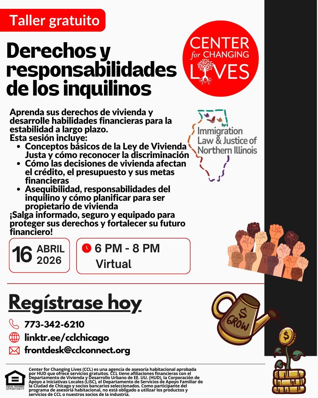 ⚖️💰 Derechos y Responsabilidades del Inquilino
Aprende tus derechos de vivienda y desarrolla habilidades financieras para la estabilidad a largo plazo. Este taller virtual gratuito se centra en temas como la accesibilidad, las responsabilidades del 