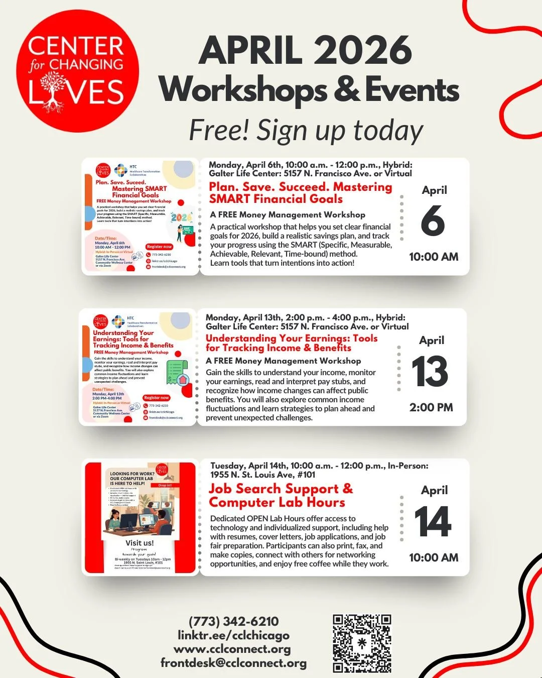 🏃⚡ April is for Acceleration at CCL! ⚡🏃Moving into a new season, new goals, new opportunities to connect, transform, and thrive.
Check out our April calendar and sign up for one&mdash;or all! 💪🎉
💰 April 6 &mdash; Plan. Save. Succeed. Mastering S