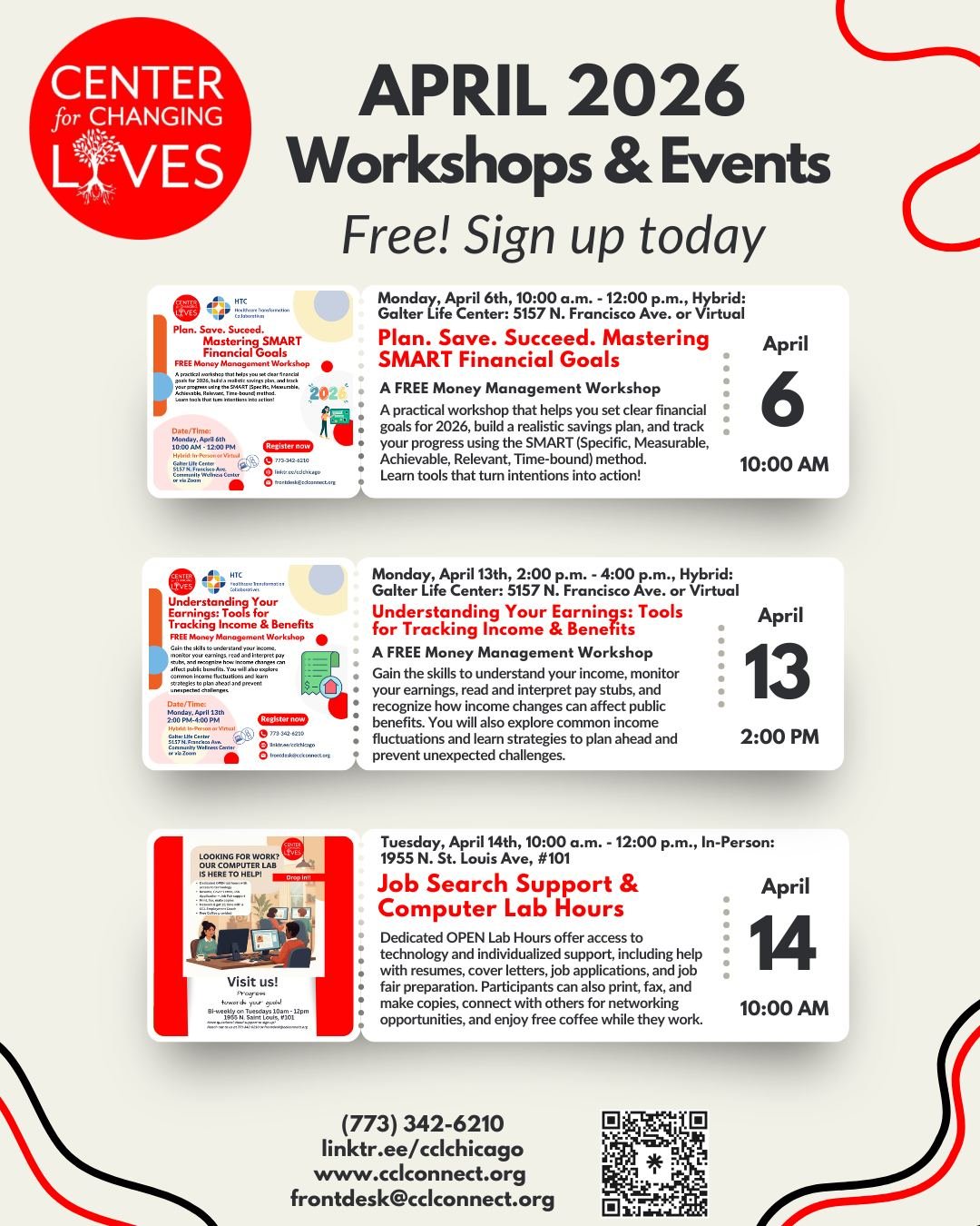 🏃⚡ April is for Acceleration at CCL! ⚡🏃Moving into a new season, new goals, new opportunities to connect, transform, and thrive.
Check out our April calendar and sign up for one&mdash;or all! 💪🎉
💰 April 6 &mdash; Plan. Save. Succeed. Mastering S