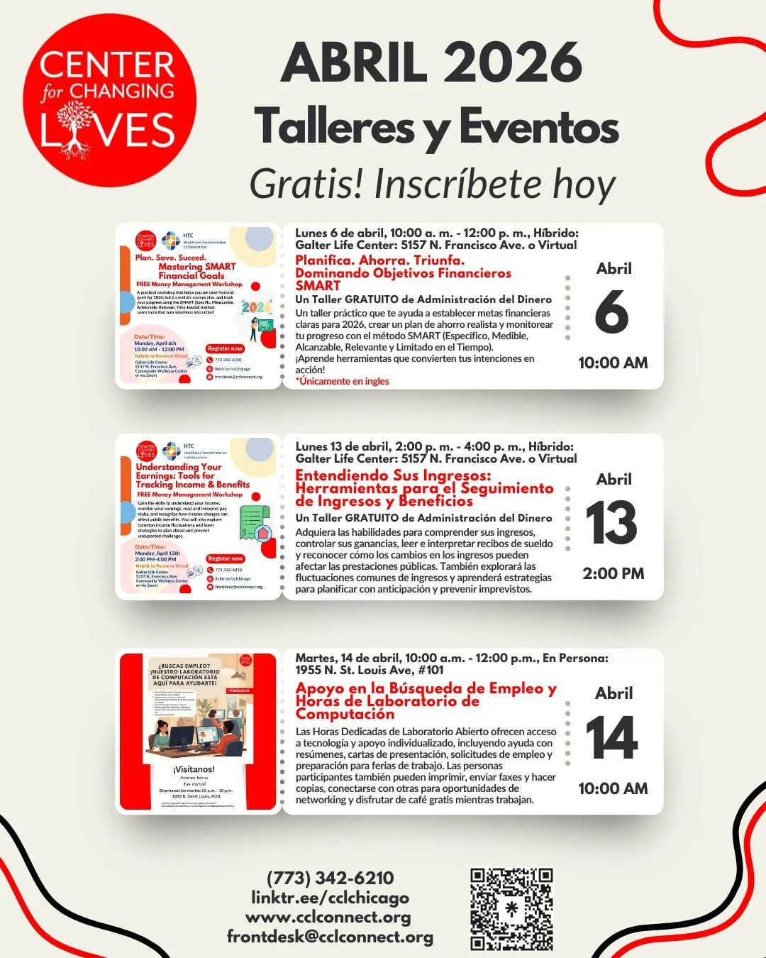 🏃⚡&iexcl;Abril es para Acelerar en CCL! ⚡🏃Entramos en una nueva temporada, nuevas metas, nuevas oportunidades para conectar, transformar y prosperar.
&iexcl;Consulta nuestro calendario de abril e inscr&iacute;bete en uno o en todos! 💪🎉
💰 6 de ab