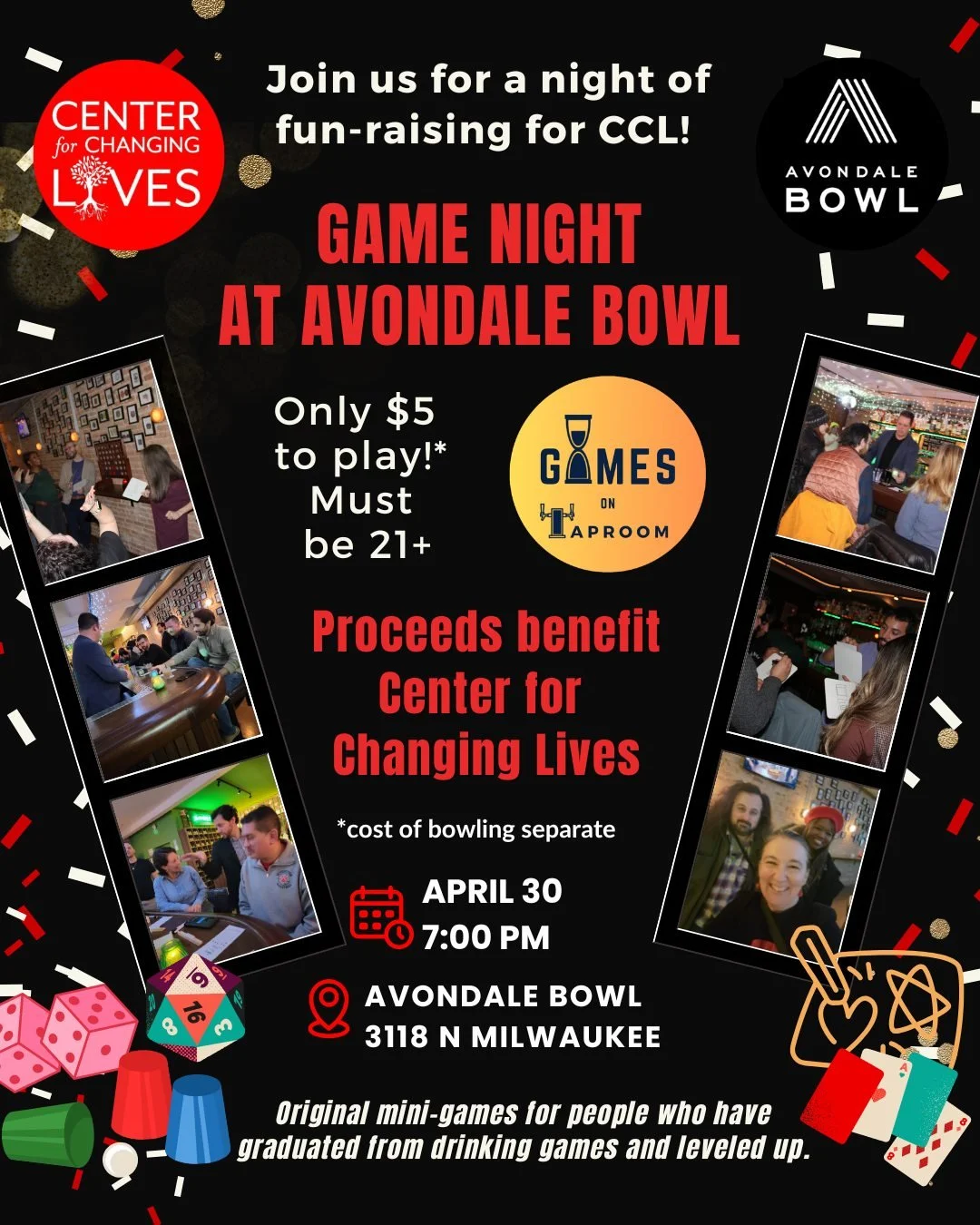 Just 1 month away! 
Got the Monday blues? 😩 
Shake them off and make plans for some fun with your community! 🗓️

🎲 Join CCL for Game Night!
We can promise you a night of games, laughter, and giving back. 
Expect original mini-games for those who h