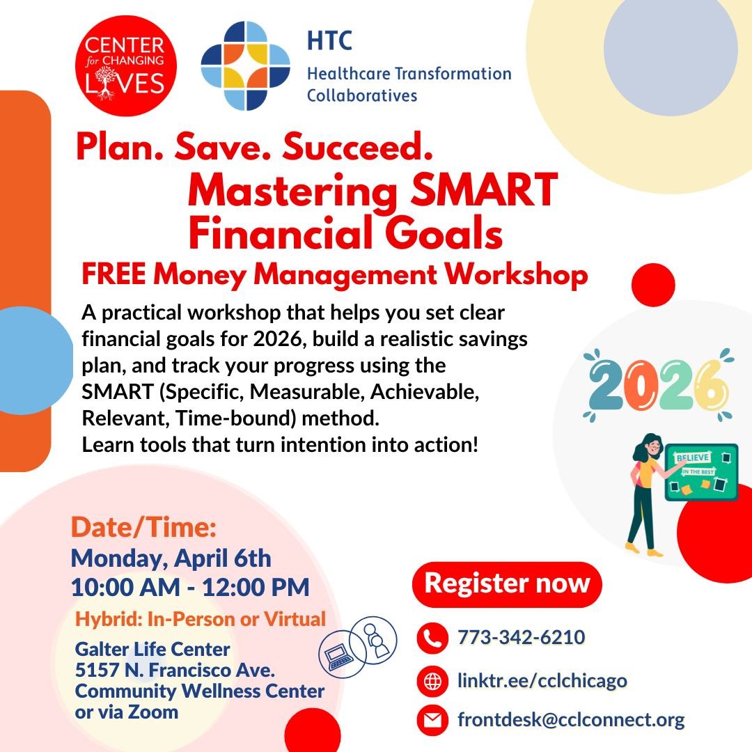 💰 Financial Goal Setting Workshop 💰
Kick off spring by setting clear financial goals, building a realistic savings plan, and tracking your progress with the SMART method ✅
📅 Monday, April 6th
🕒 10 AM
📍 Galter Life Center &ndash; 5157 N Francisco