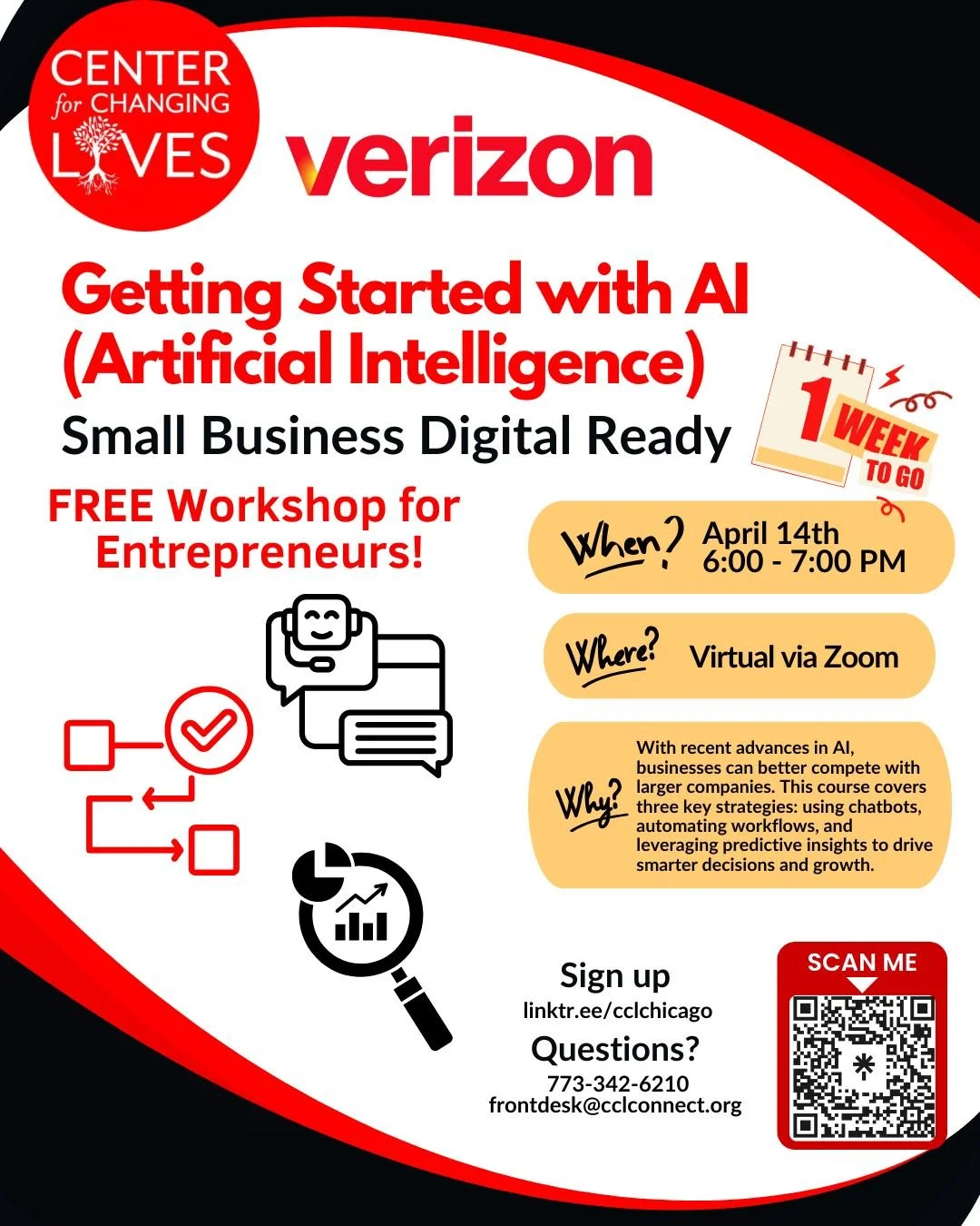One week away!
Curious about how AI can support you as an entrepreneur?
Join us for our next Small Business Digital Ready Workshop: Getting Started with AI 🖥️

You'll also learn about the @verizon FREE Small Business Digital Ready platform 💻📈

🌟 