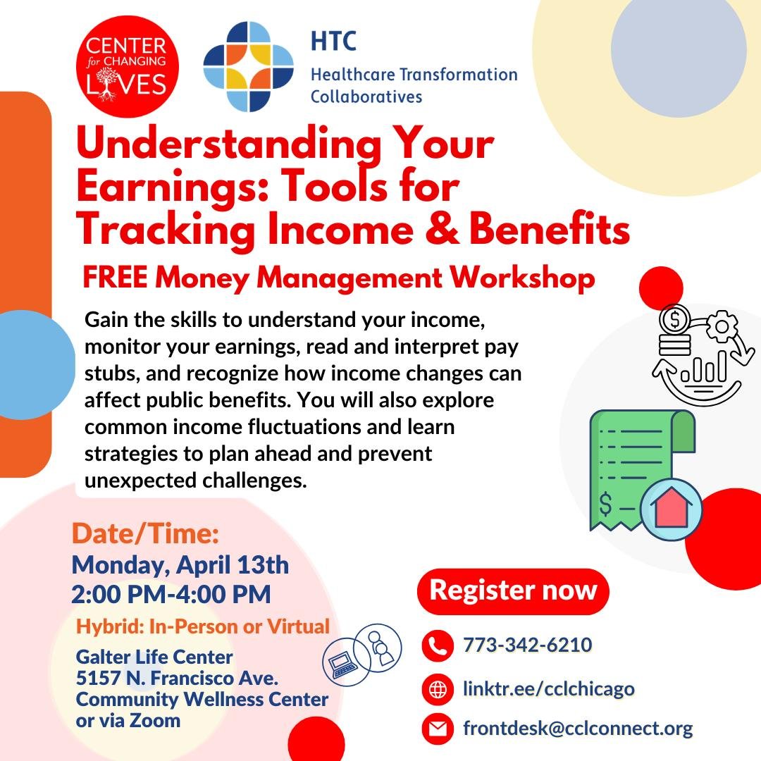 💵Understanding Your Earnings: Tools for Tracking Income and Benefits
Participants will learn practical tools to make sense of their income, whether it comes from wages, self-employment, or public benefits.

✨ Learn how to:
✅ Track earnings
✅ Underst