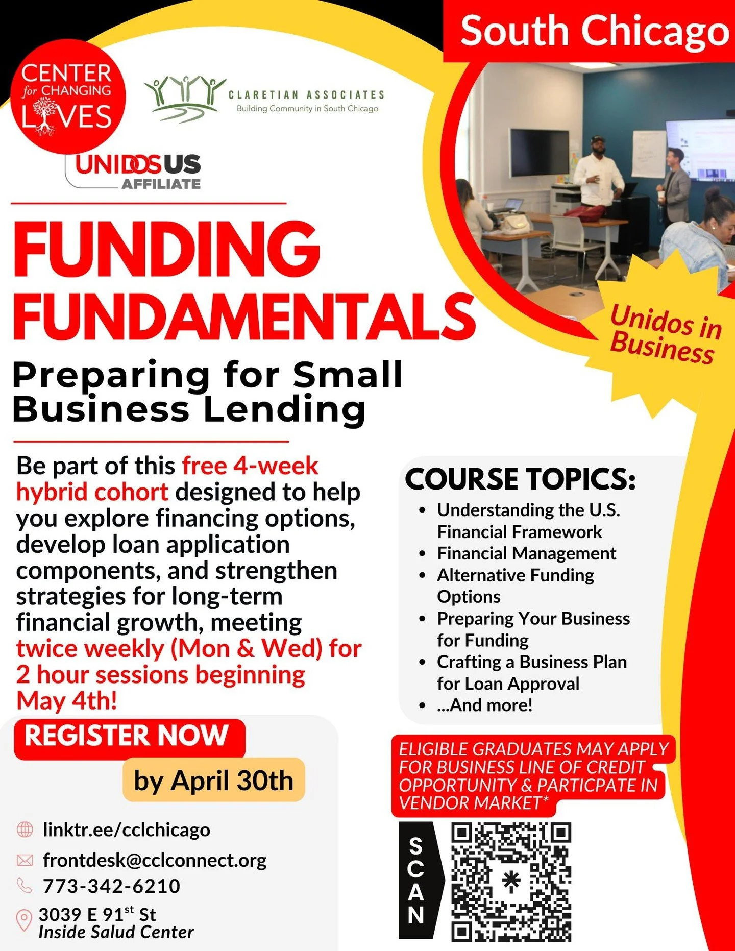 Heya South Chicago!! 🔥Ready to position your business for funding? 💼✨

Join a FREE 4 week Funding Fundamentals Cohort and get prepared for small business lending by April 30 📈Offered through a @claretianassociates &amp; Center for Changing Lives c
