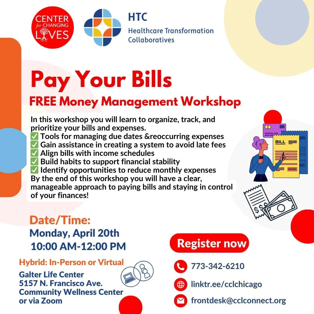 💸Pay Your Bills Workshop 💸
In this workshop you will learn to organize, track, and prioritize your bills and expenses. 
✅ Tools for managing due dates &amp;reoccurring expenses 
✅ Gain assistance in creating a system to avoid late fees
✅ Align bill
