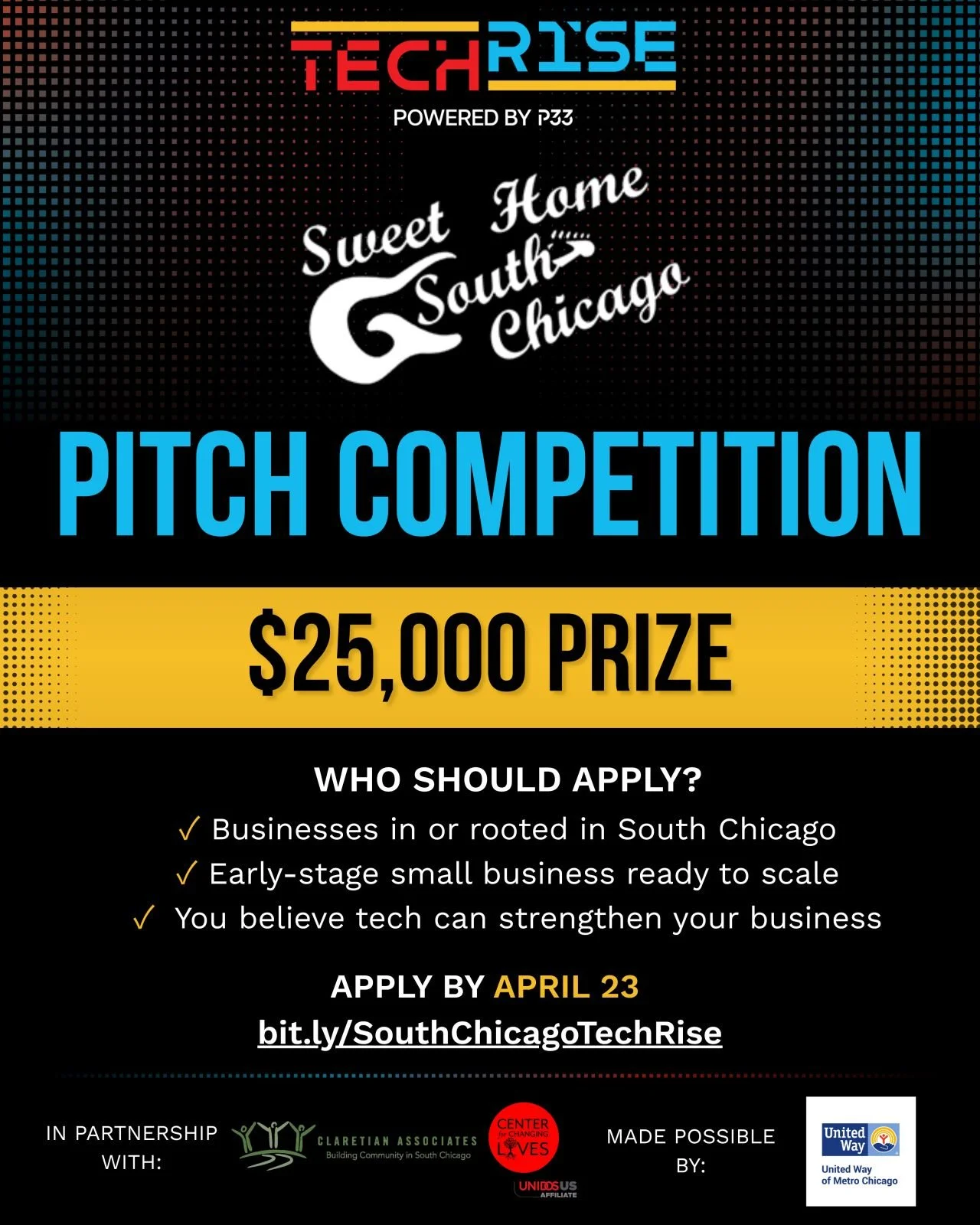 Something exciting is coming to South Chicago this June. 🎶

@techrisechi, in partnership with @claretianassociates and Center for Changing Lives, is bringing the Sweet Home South Chicago Pitch Competition to the neighborhood on Saturday, June 13th. 