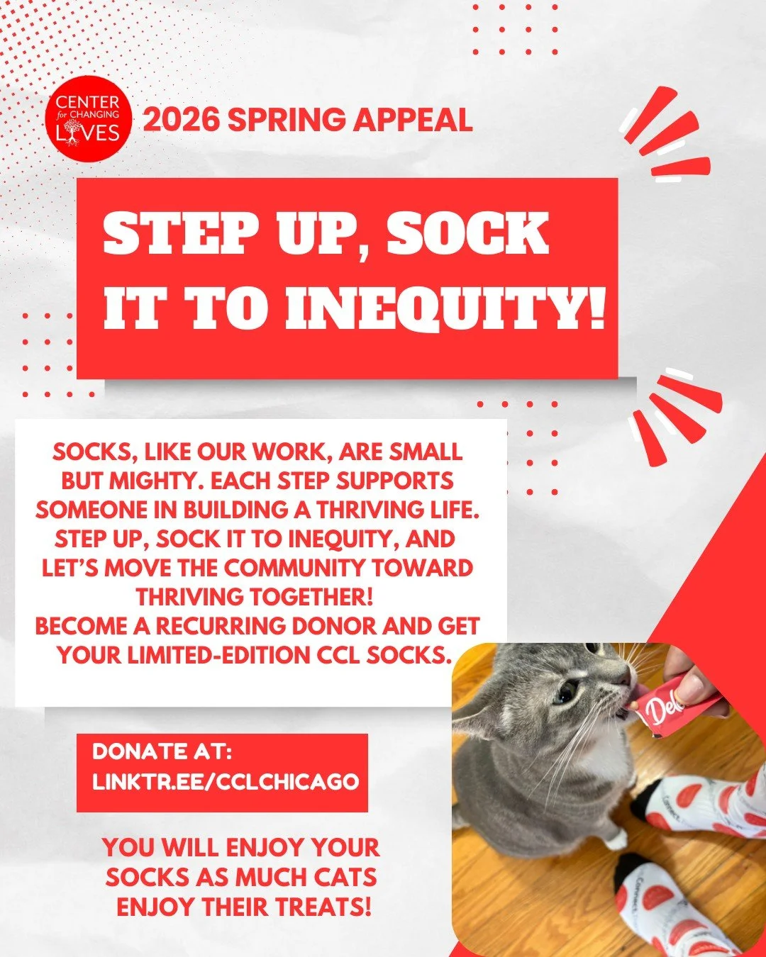 🧦Socks, like our work, are small but mighty.

Every step you take supports someone in building a thriving life. At Center for Changing Lives, that means showing up alongside our community as they reduce debt, secure jobs, grow income, launch busines
