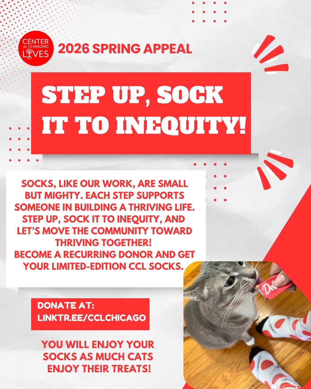 🧦Socks, like our work, are small but mighty.

Every step you take supports someone in building a thriving life. At Center for Changing Lives, that means showing up alongside our community as they reduce debt, secure jobs, grow income, launch busines