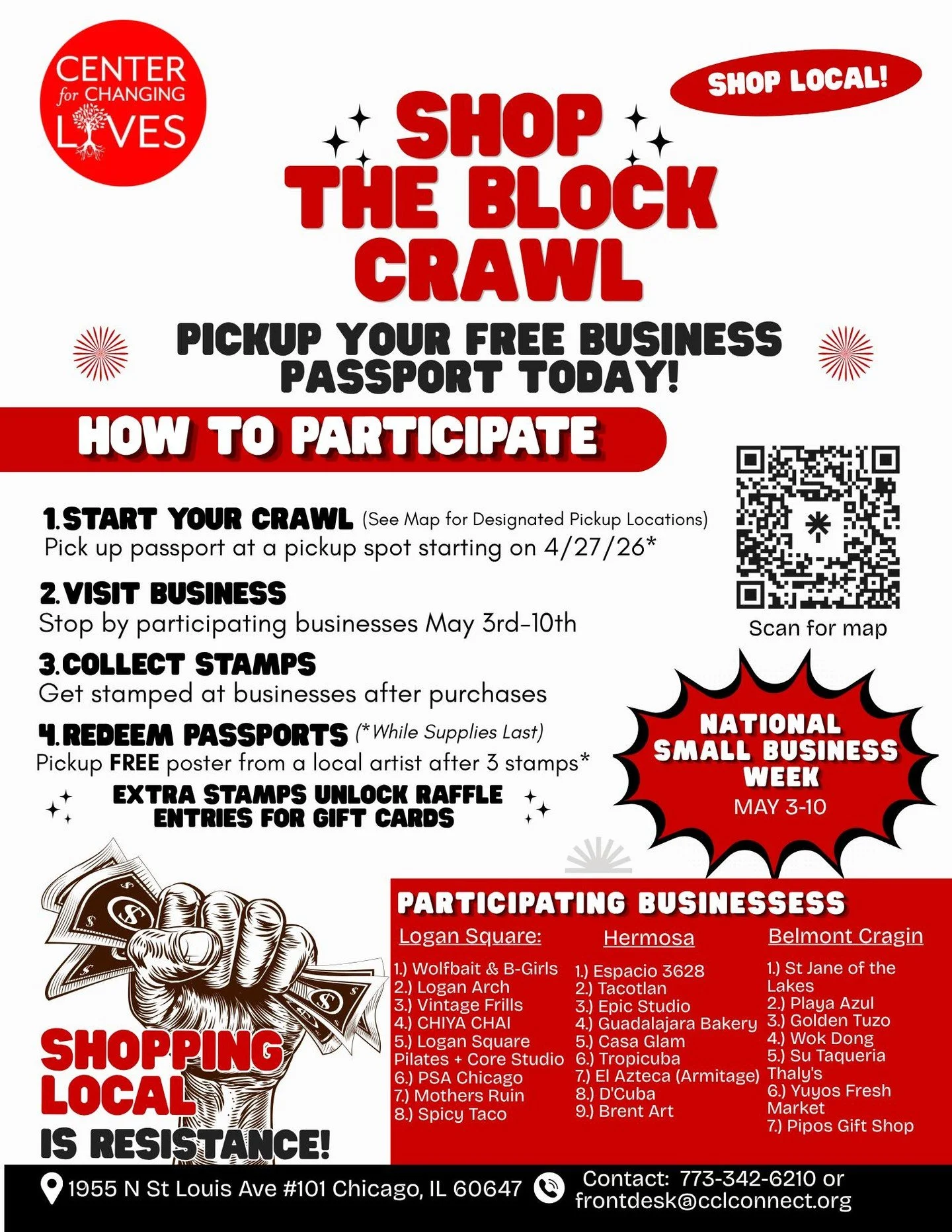 Join us in celebrating National Small Business Week by participating in our Shop the Block Business Crawl! 🎉🛍️

Shopping local IS Resistance ✊🏾
Let&rsquo;s show our resistance in Logan Square, Hermosa, and Belmont Cragin! 💪🏾🏙️

HOW YOU CAN PART