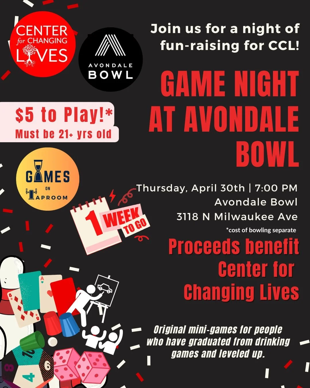 🎲 Just 1 week to go until our next Game Night! 
Everything feels so heavy and hard right now. 
We can promise you a night of games, laughter, and giving back.
Expect original mini-games for those who have leveled up past the classics, including draw