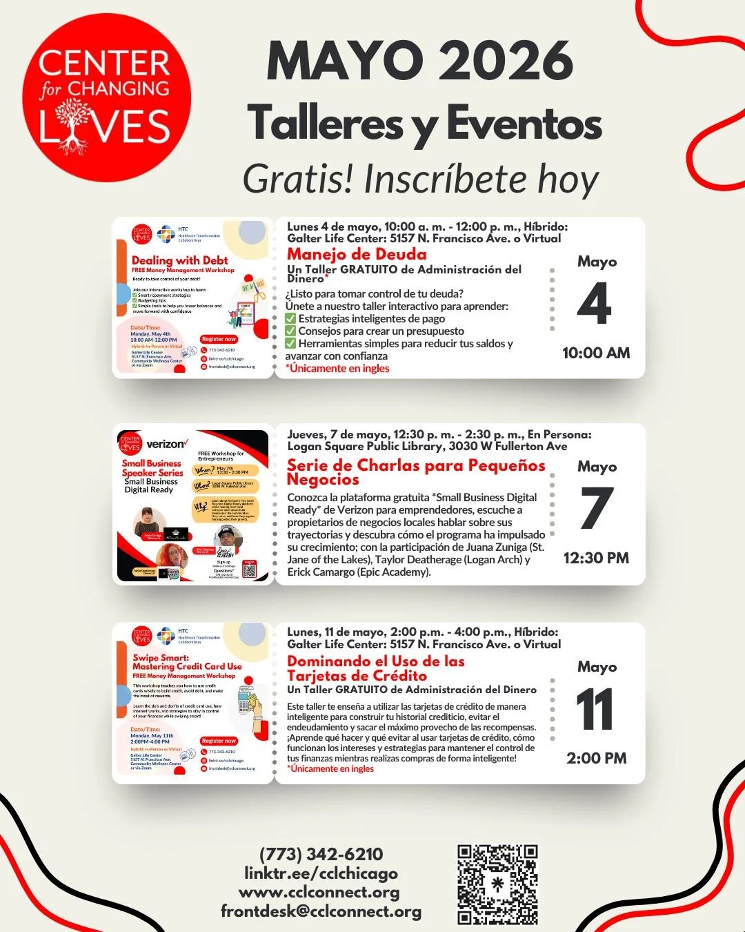 🏃⚡ &iexcl;Mayo es para el impulso en CCL! ⚡🏃
Estamos aprovechando la energ&iacute;a de la primavera con nuevas metas, nuevas oportunidades y formas poderosas de conectar, transformarte y salir adelante.

&iexcl;Consulta nuestro calendario de mayo e