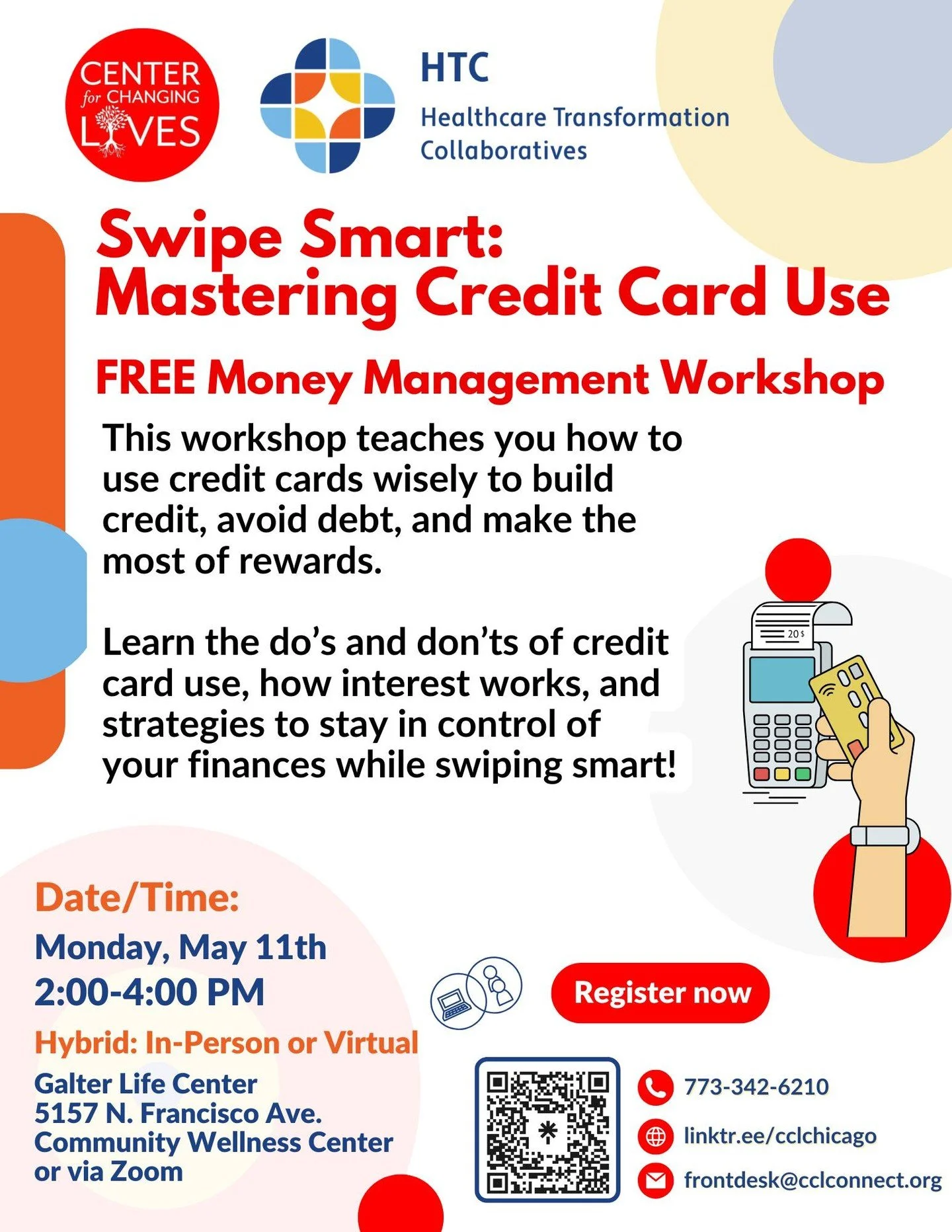 💳 Swipe Smart: Mastering Credit Card Use 💳
Take control of your credit cards and make them work for you, not against you! In this HYBRID workshop, you'll learn:
✅ How credit cards work
✅ Pros and cons of using them
✅ How to avoid common pitfalls
✅ 