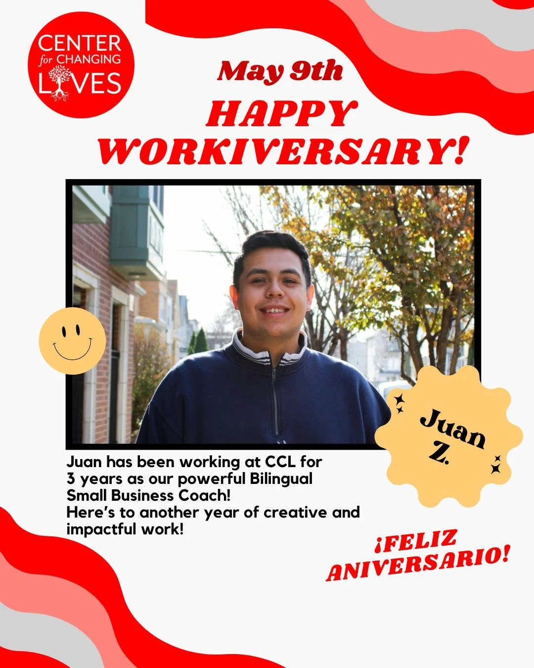 🎉 Happy 3-Year Workiversary, Juan! &iexcl;Feliz 3er aniversario! 🎉

Celebrating Juan, our incredible Bilingual Small Business Coach, who&rsquo;s been walking alongside entrepreneurs and helping them tap into their poder for 3 amazing years 💼🌟
Aco