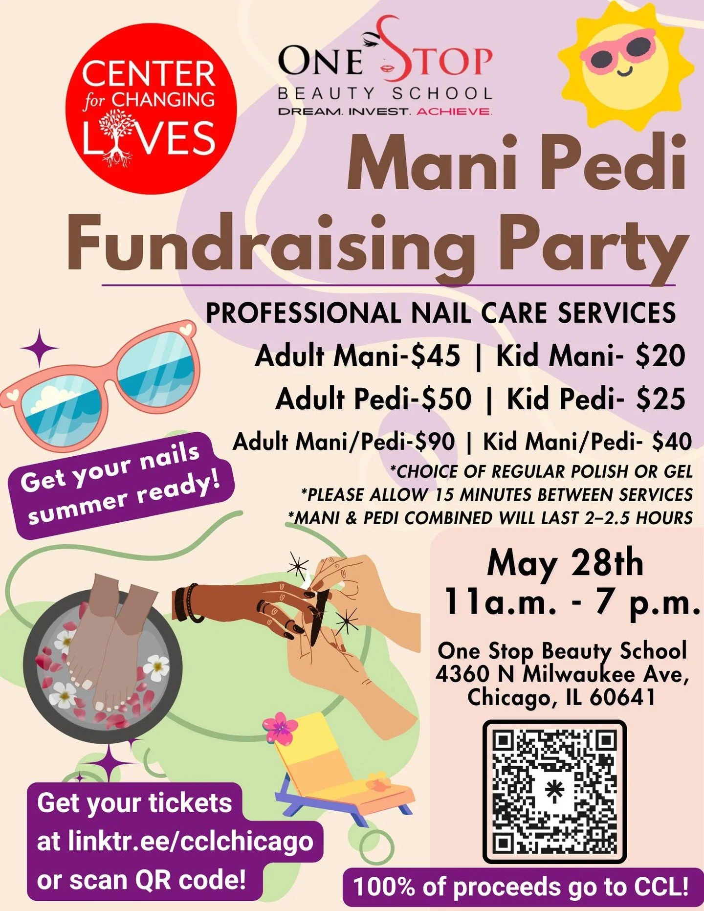 💅🏽Make a difference while getting your nails summer ready!  Bring someone special to you to support Center for Changing Lives (CCL) while getting manicures and/or pedicures together!
👉🏽We are hosting our 4th Annual Mani Pedi Fundraising Party on 