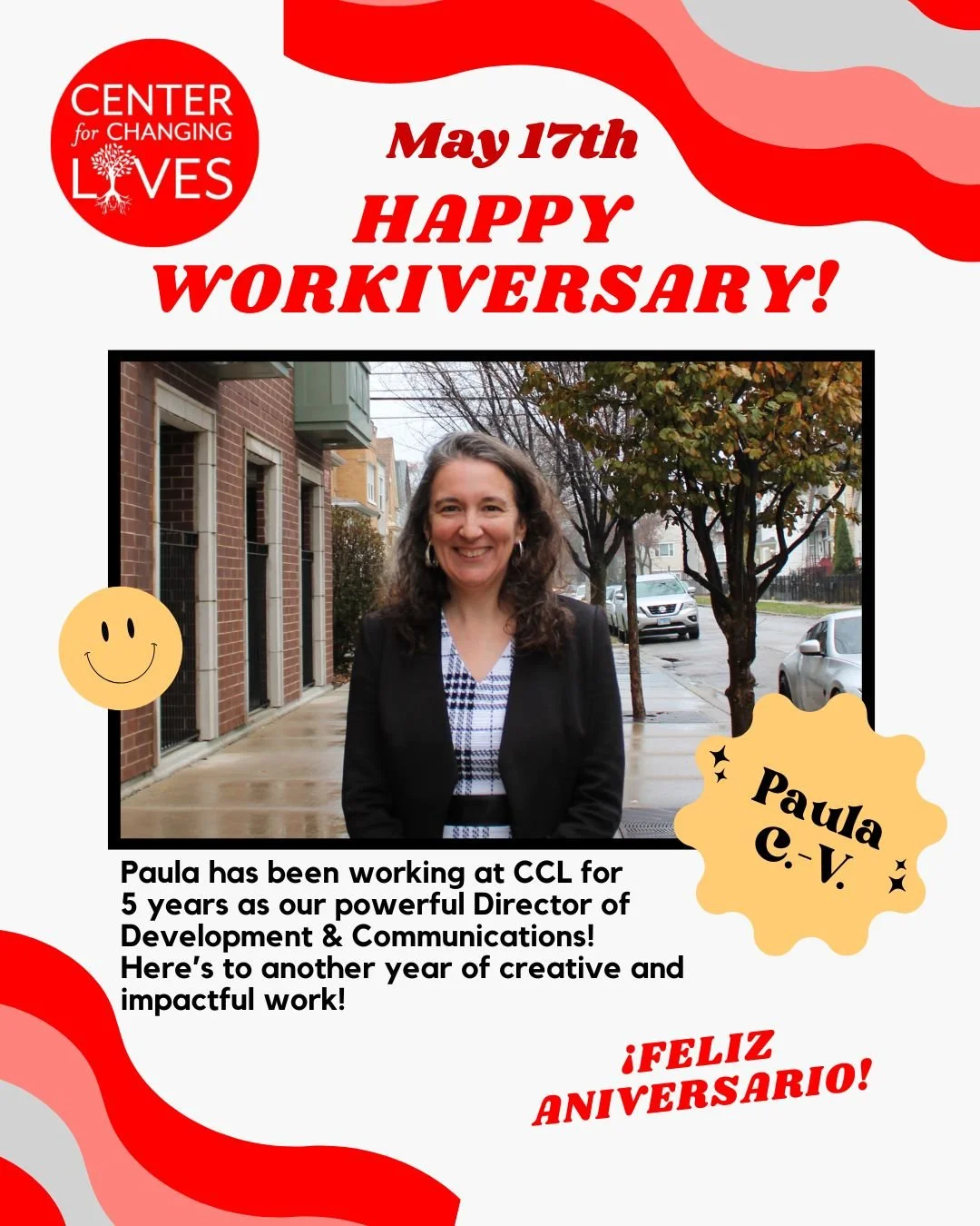 🎉 Celebrating 5 Years of Impact, Paula! &iexcl;Feliz 5 a&ntilde;os en CCL! 🎉

Honoring our incredible Director of Development &amp; Communications 💼💙
Strategist, storyteller, and driving force behind our grants, donor campaigns, and fundraising e