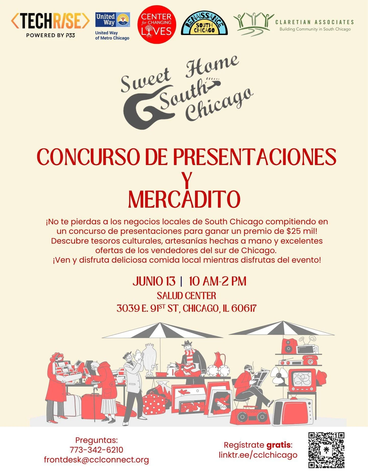 🎉 Sweet Home South Chicago: Concurso de Presentaciones y Mercadito🎉

&iexcl;Acomp&aacute;&ntilde;anos el s&aacute;bado 13 de junio de 2026 para una celebraci&oacute;n inolvidable del emprendimiento, la comunidad y el esp&iacute;ritu imparable de So