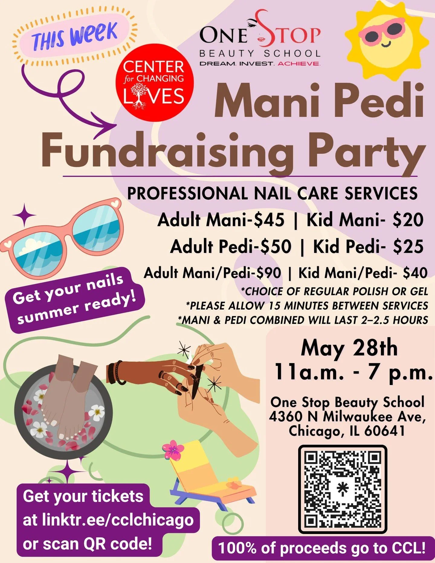 💫Happening this week! 
💅🏽Make a difference while getting your nails summer ready! 
Bring someone special to you to support Center for Changing Lives (CCL) while getting manicures and/or pedicures together!

👉🏽We are hosting our 4th Annual Mani P